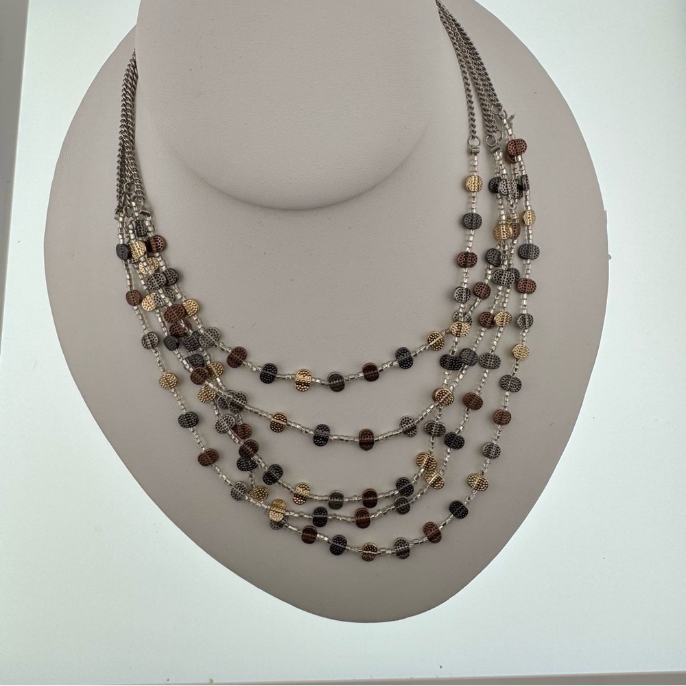Elegant Multi-Color 5 Strand Beaded Necklace EUC Silver, Gold & Bronze